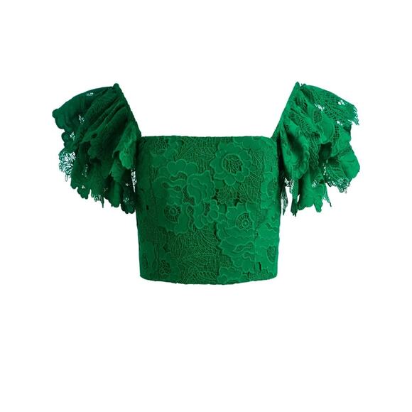 ALICE + OLIVIA TAWNY EMERALD GREEN EYELET RUFFLE CROP TOP WOMEN’S 10 NWT - Picture 2 of 6